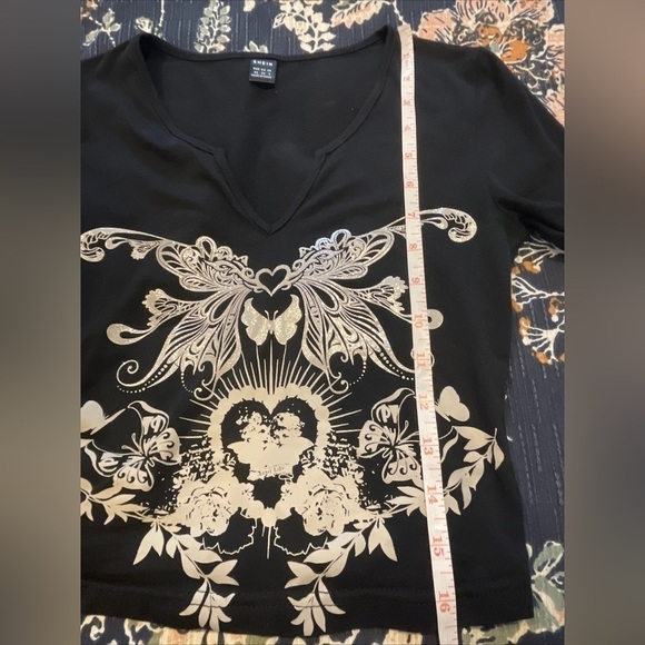 Shein Black‎ Crop XS/2 Top Y2K Butterfly Print Notched Neckline Tee Long Sleeves - Picture 10 of 10